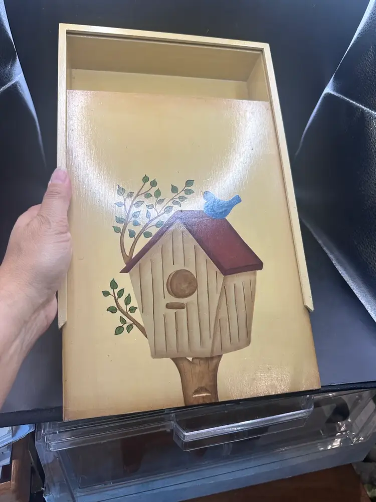 Primitive Hand Painted Wooden Birdhouse Bluebird Memory Box SIGNED