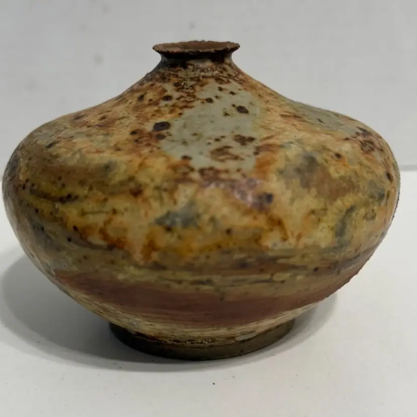 vintage squatted mushroom vase or Oil Lamp drip glaze earthtones Signed 3”x4”