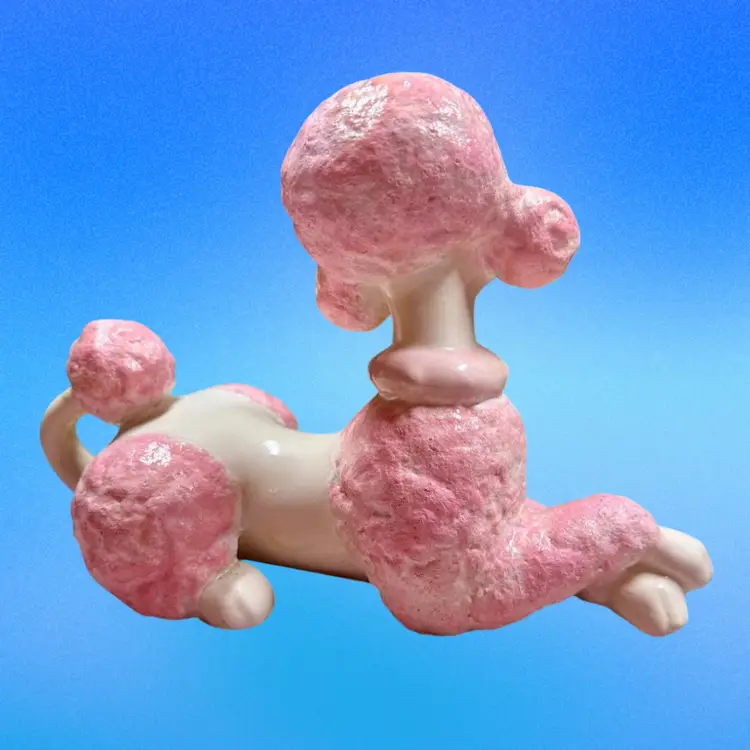 Large MCM Vintage Hobbyist Ceramic Poodle Figurine, White & Pink, Atlantic Mold