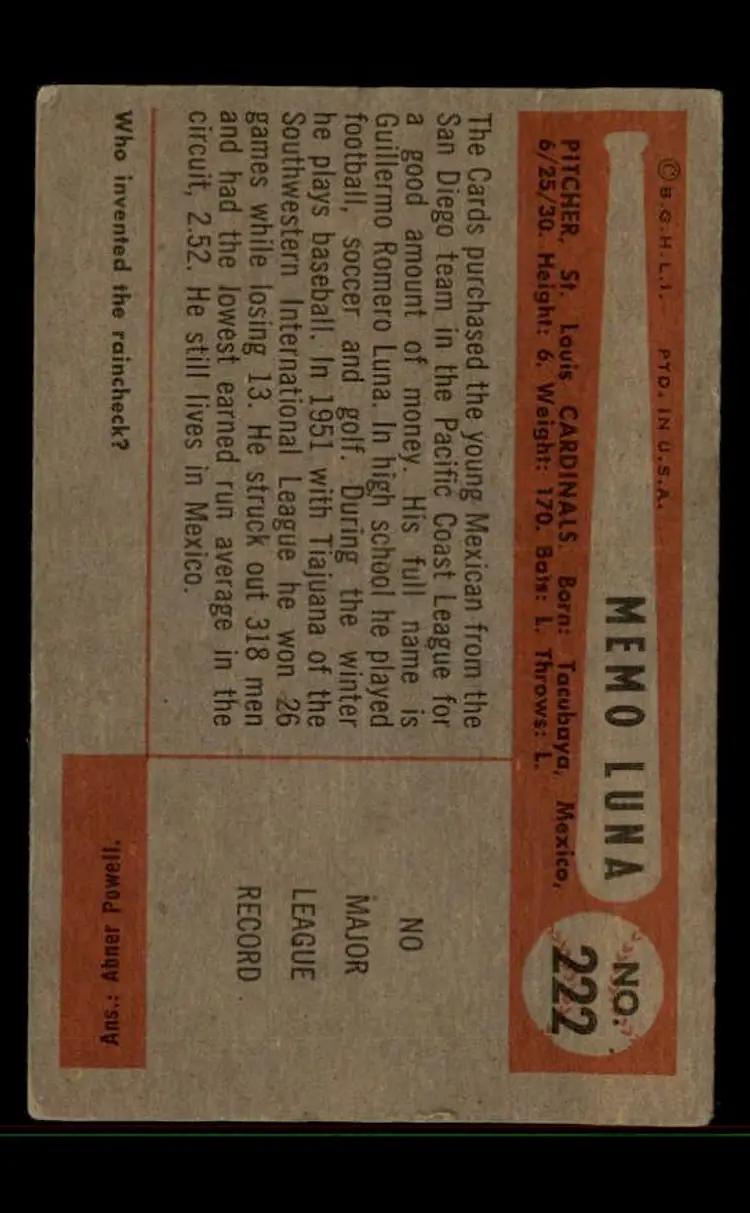 1954 Bowman #222 Memo Luna - (pk-tl3) - St. Louis Cardinals