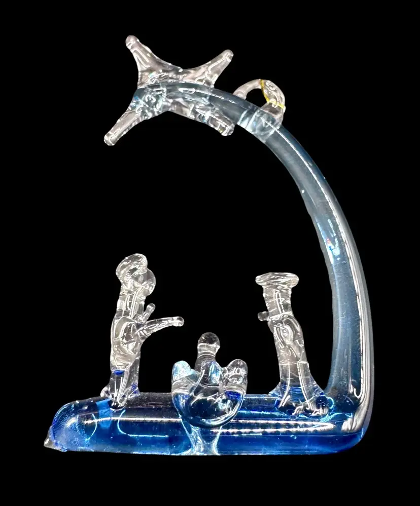 Spun Glass Nativity Scene Handing Ornament Mini Christmas Holiday Blue 2.25”