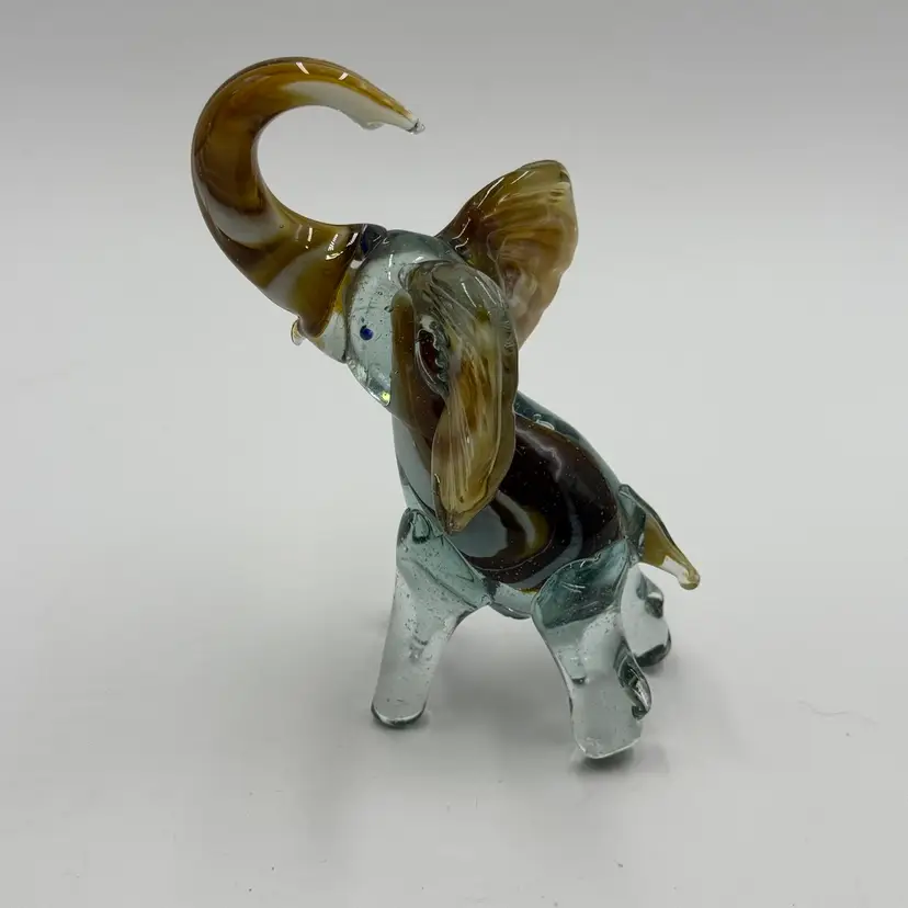 Art Glass Blown Elephant Amber White Swirl Trunk Up Figurine