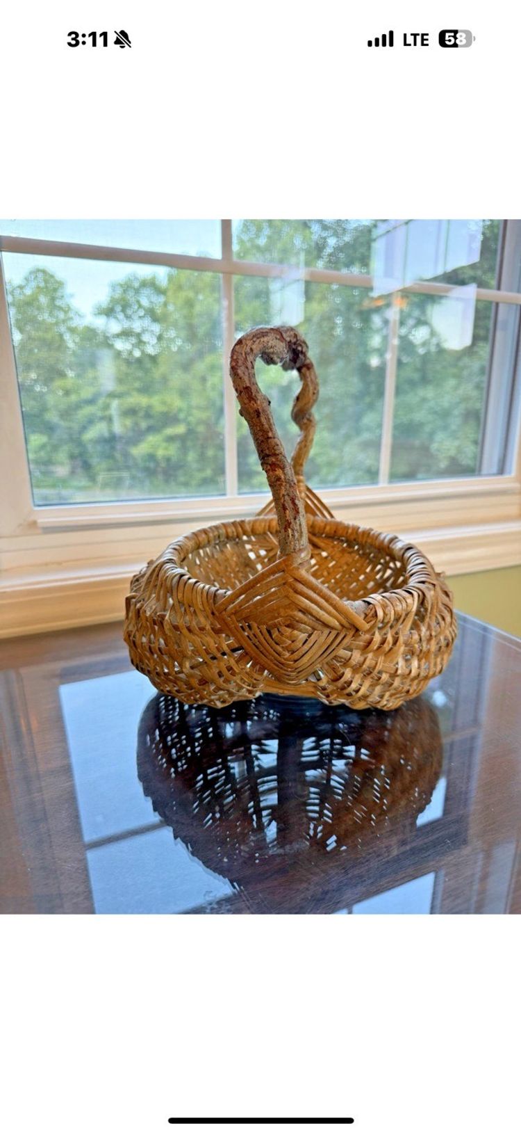 Vintage woven Gathering Basket; Raw twisted wood/Vine Handle