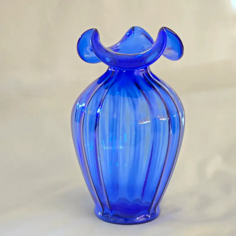 Fenton Mellon Vase Cobalt Blue Ruffled and Ribbed 7" Tall with Logo Vintage