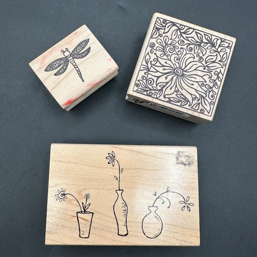 TRIO Of Wooden Stamps! Dragonfly Floral Flower Bud Vase, Used Approx 2”-4”