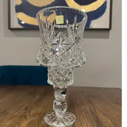 #06 Vintage Julia Hurricane Globed Cut Lead Crystal Candlestick Holder. Made in Poland 24% leaded crystal