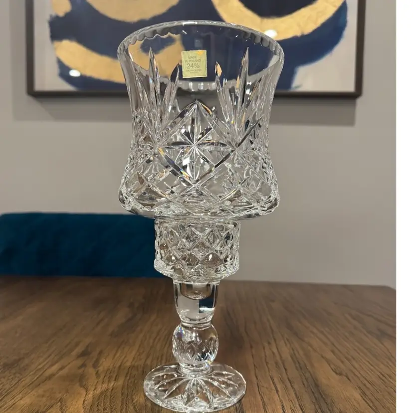#06 Vintage Julia Hurricane Globed Cut Lead Crystal Candlestick Holder. Made in Poland 24% leaded crystal