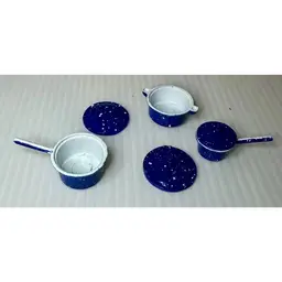 Dollhouse Miniature Kitchen Blue Enamelware Cookware Granite Pots & Pan Set