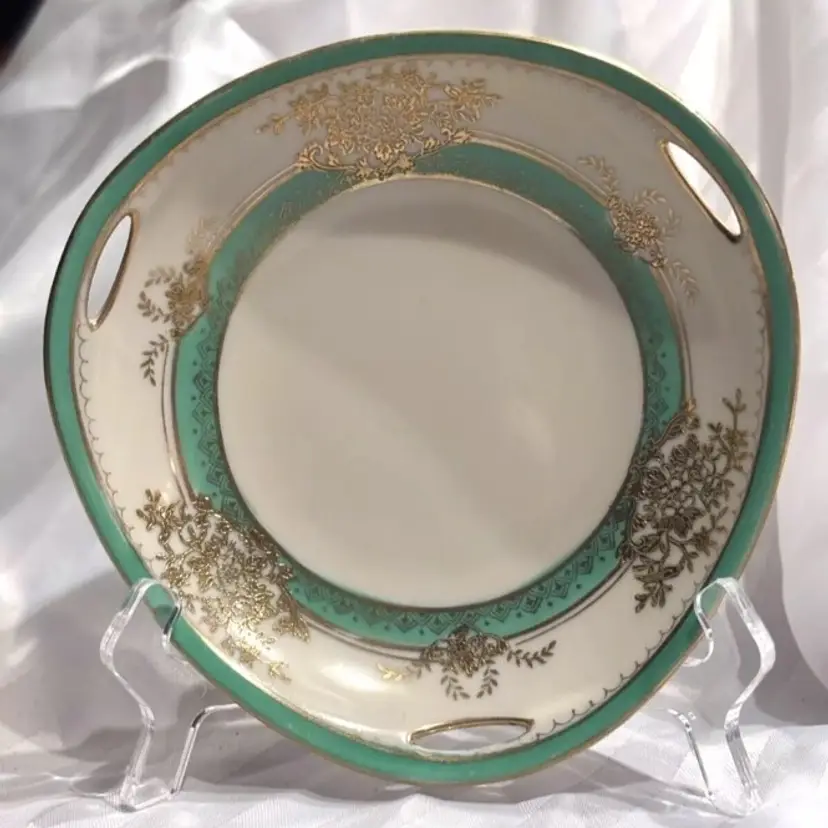 Antique Noritake Nippon Morimura Serving Dish Hand Painted Porcelain Green Gold 18kt