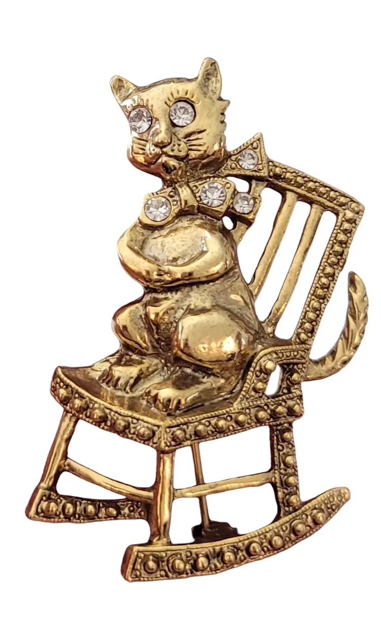 1928 Brand Clear Rhinestone Cat in  Rocking Chair Brooch Pin E638