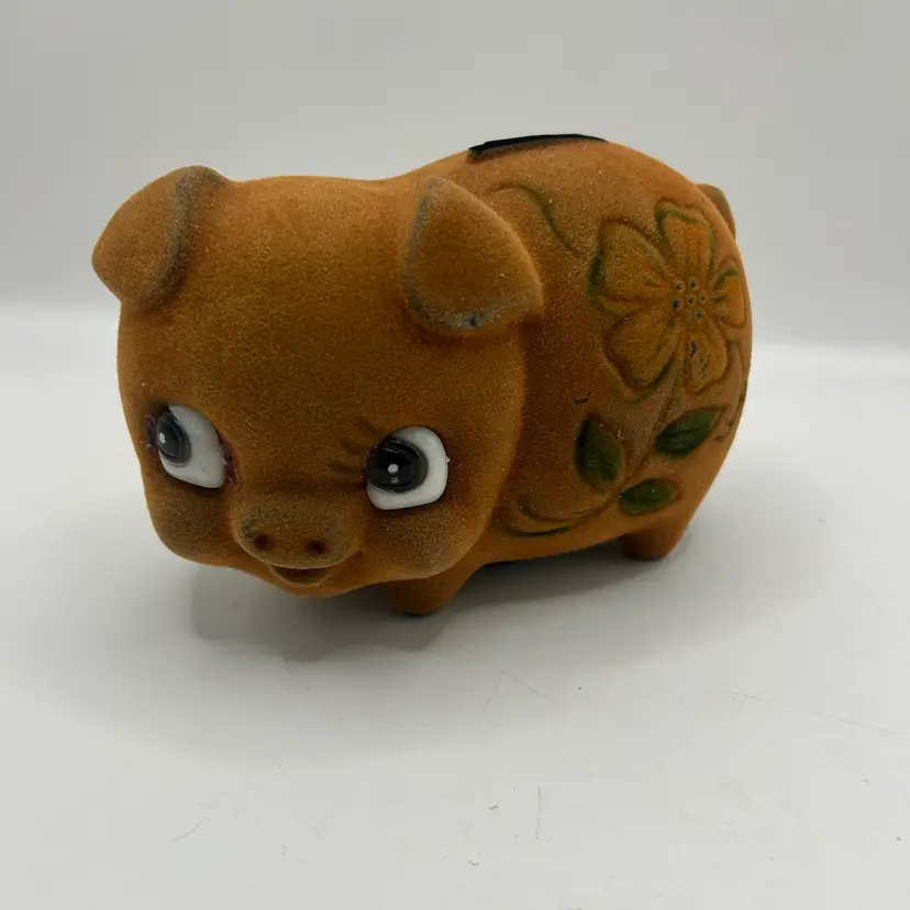 Brown Flocked Piggy Bank.  Some Wear