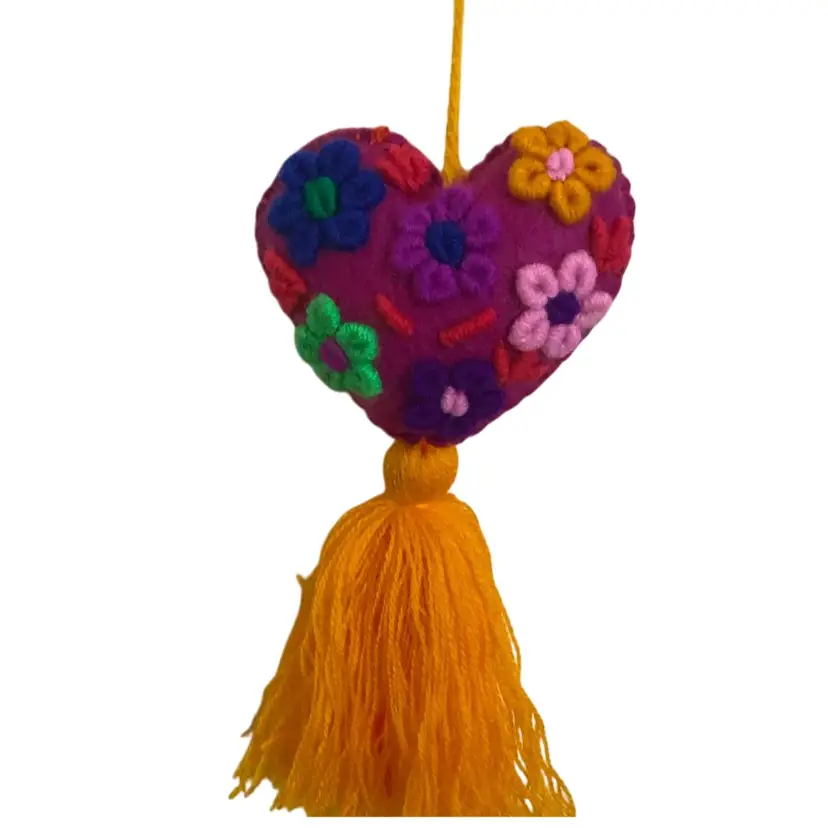 12  Witchy Woman Hanging Heart Ornament Mexican Tassel Heart Fuschia With Goldenrod Yellow Tassel Featuring Embroidered Flowers In Multicolored Yarn