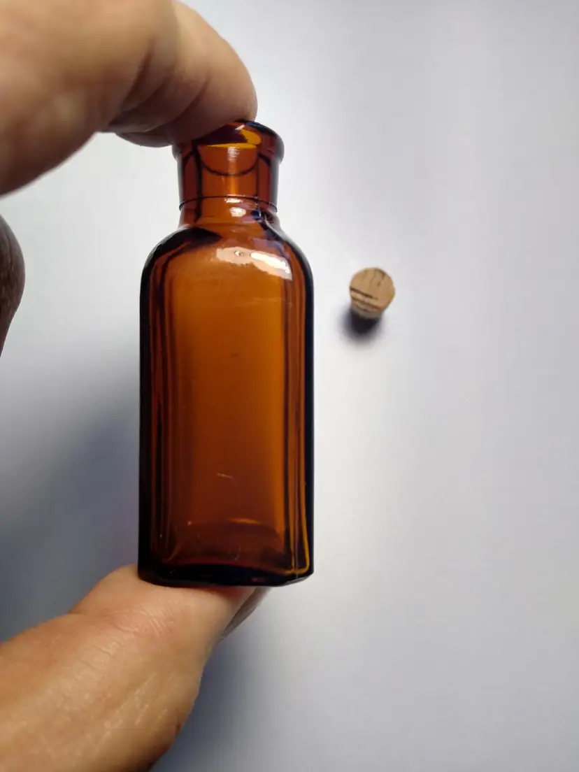 Antique Brown Poison Or Medicine Bottle Amber Glass Vintage Textured Base + Cork
