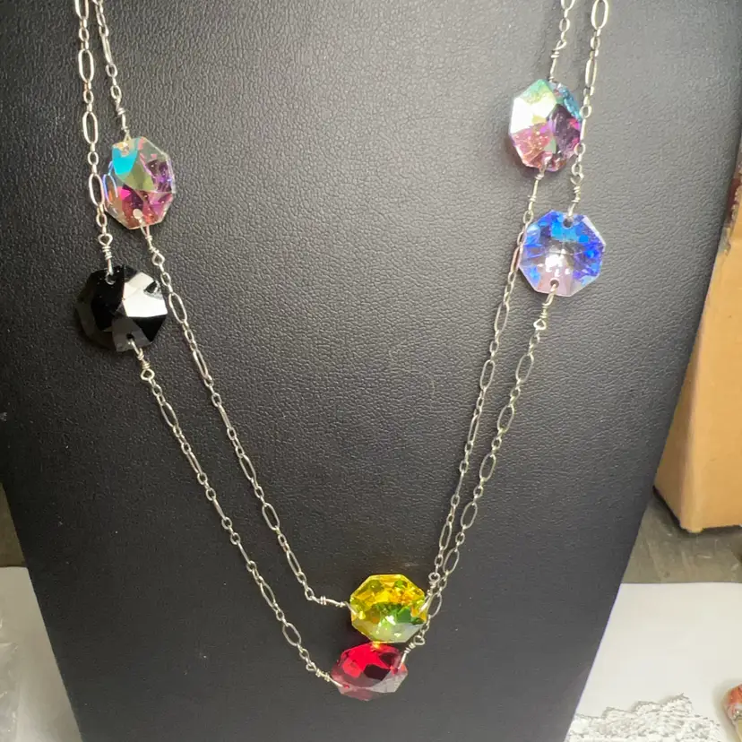 40” Sterling Marked 925 Necklace With Multicolor Facetted Crystals!  Marked On Lobster Claw Fastener, Unknown Maker