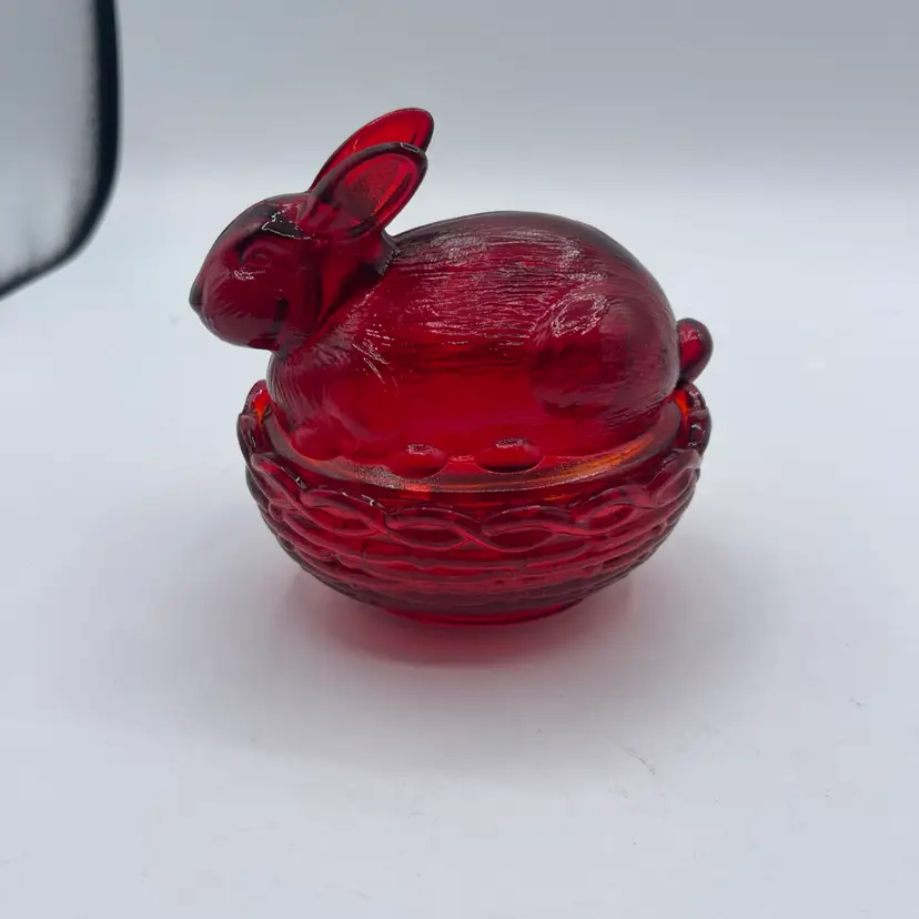 Mosser Glass Ruby Red Bunny On Nest New Color GLOWS!!!