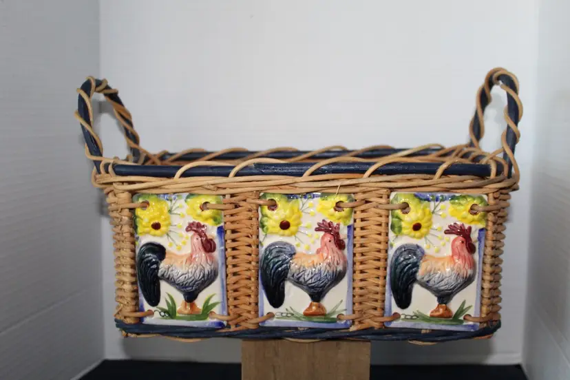 Vintage -Decorative  Basket with Handles And Ceramic Rooster Plates