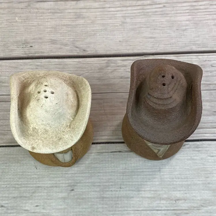 Vintage Cowboy Salt & Pepper Shakers Heave Stoneware Folk Sand Clay Western Retro