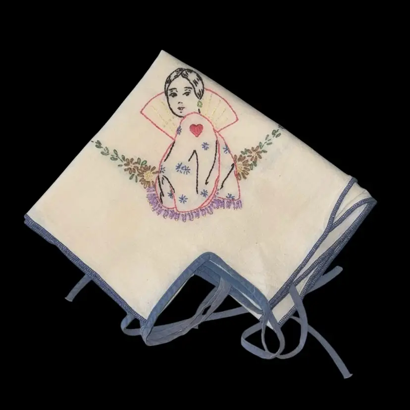 Vintage Hand  Embroidered Table Cloth for Card Table with Corner Ties