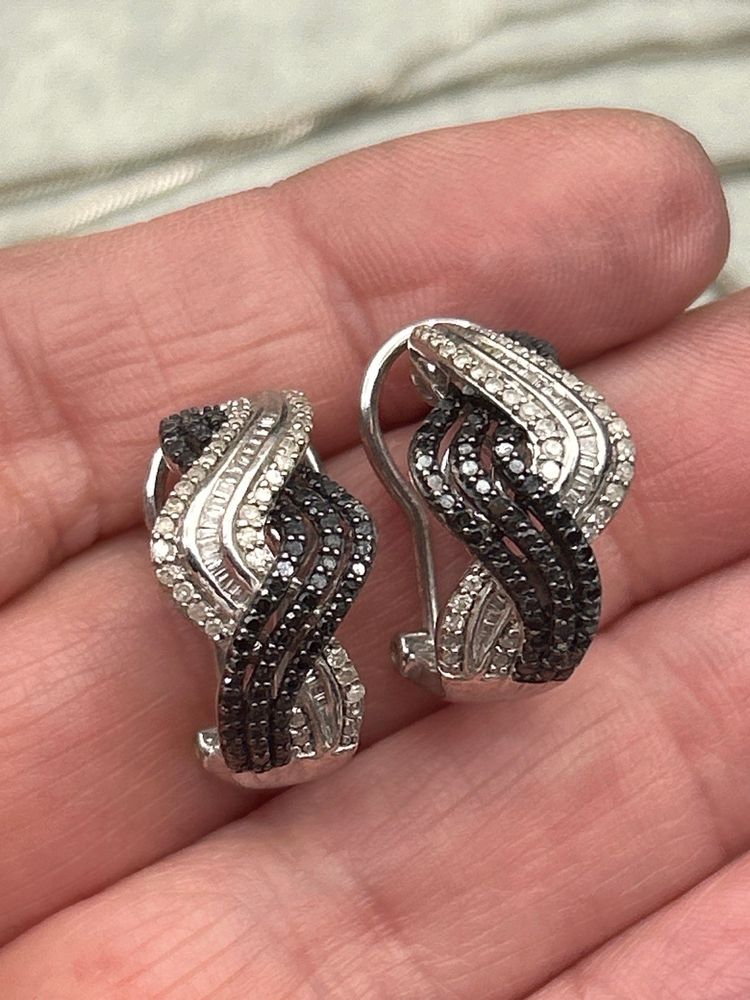 Sterling Silver 925 Black & White Diamond Accent Swirl Earrings – Wave Design, Leverback Closure