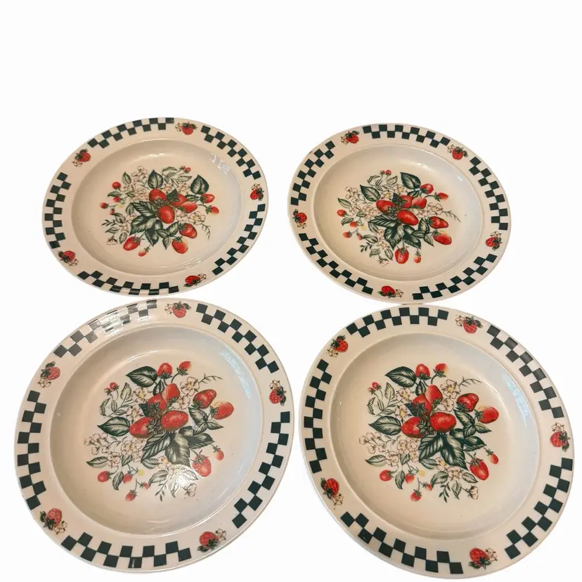 These are vintage 1990s Gibson "Strawberry Fields" stoneware Small plates featuring a green checkered border