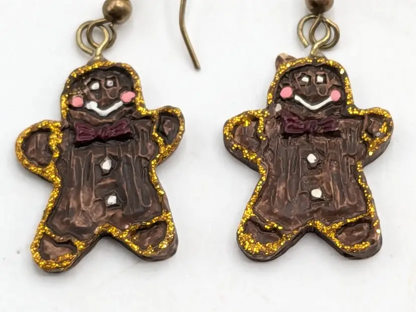 Gingerbread Man Earrings with Gold Glitter Accents Holiday Jewelry