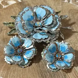 Vintage Enamel and Blue Aurora Borealis Floral Brooch & Clip On Earrings
