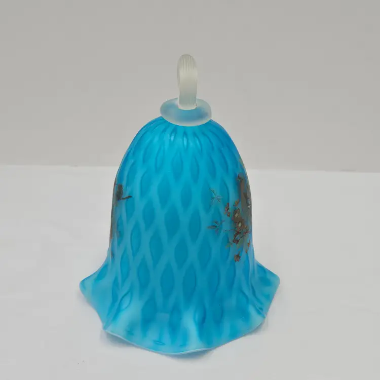 Murano Venetian Blue Satin Optic Diamond Quilt Glass Bell with Birds