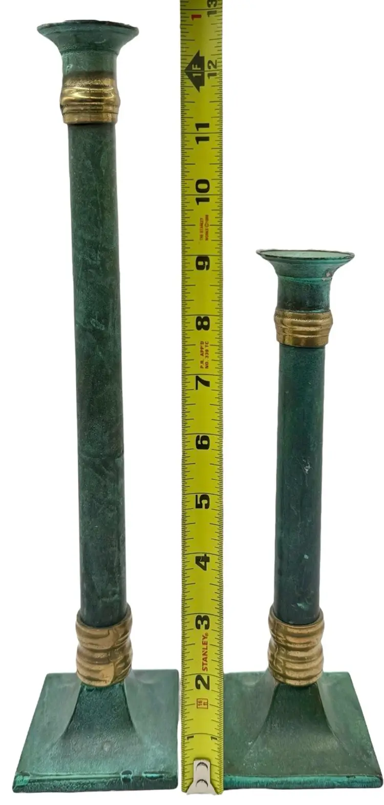 Set of 2 Vintage Verdegris Brass Candlestick Candle Holders Green 9 & 12.75”