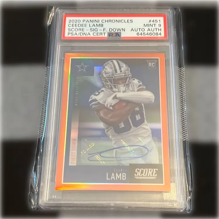 2020 Chronicles CeeDee Lamb RC AUTO /10 SSP Score Update Rookie Signatures First Down Rookie Autograph PSA 9 Graded MINT #451