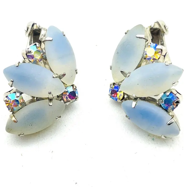 Vintage Clip On Earrings Blue Moonglow Beads Aurora Borealis Rhinestones 11672