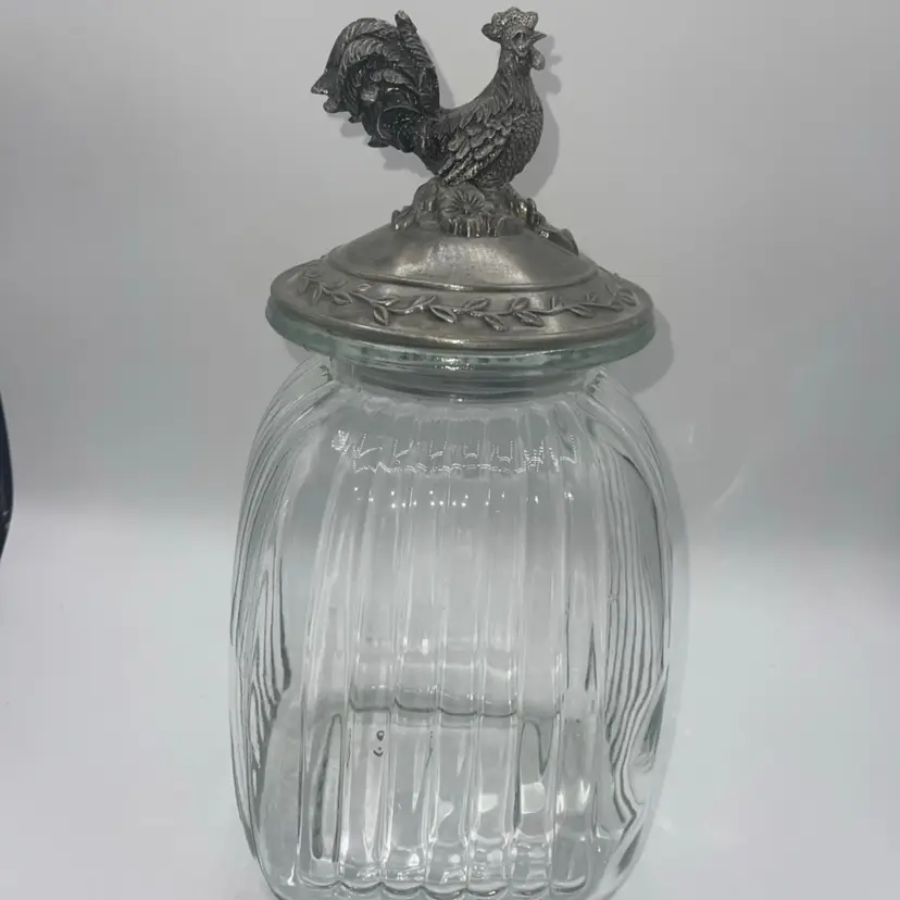 Vintage 13” Ribbed Clear Glass Canister with Rooster Lid Pewter Large Farmhouse