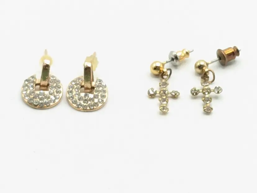 Gold Tone Pair of Rhinestone Pierced Earrings Cross and Round Style Jewelry