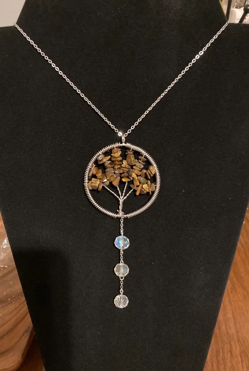 Handmade By Me! Tree Of Life Necklace 20” Long! Natural Tigers Eye Stone Chips and AB Crystals! Lobster Clasp Closure!