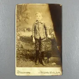 Antique Photo Cabinet Card Portrait Little Rock Arkansas Boy Striped Trousers Tucked Into Boots Dawson Photo Studio