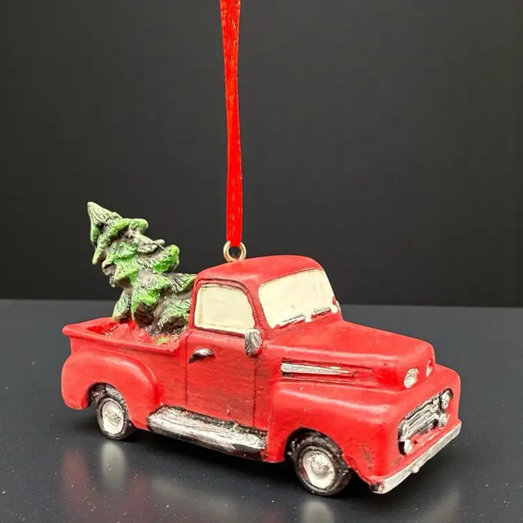 Red Farm Truck & Tree Christmas Ornament Hanging 3D Resin Country Cabincore