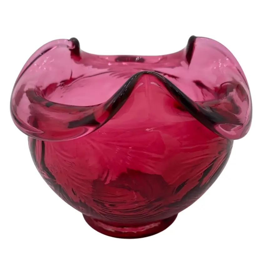 Vintage Fenton Glass, Country Cranberry Fern Optic Crimped Vase, 3.75" x 4.75"