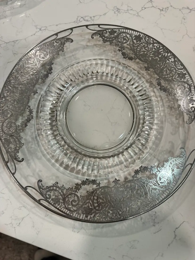 Crystal Plate With Beaded Edge And Sterling Overlay