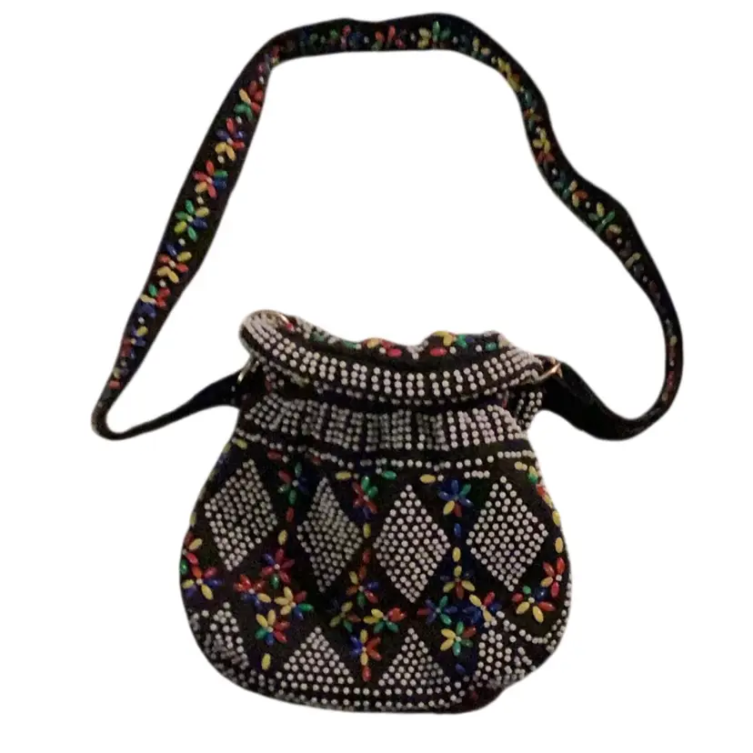 Black Elastic Pouch Purse With Brightly Colored Applied Beads In Geometric Pattern  6.5 X 6 Inches