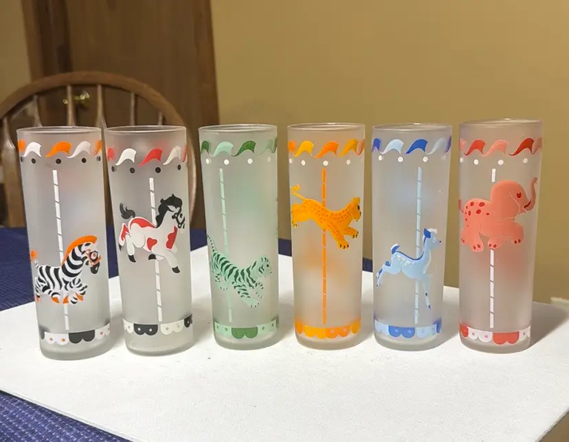 Libbey Glass Tom Collins Frosted Carousel Animals Set Of 6 1950s Atomic Barware