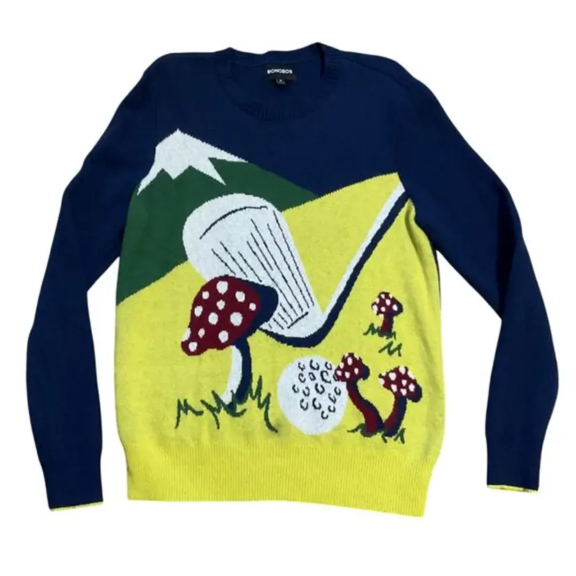 Golf Mushrooms Sweater Medium Bonobos Merino Wool Alpaca Blend Blue Yellow Mens