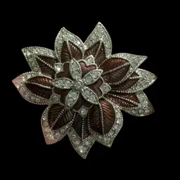 Vintage Silvertone Monet  Poinsettia Brooch. Brown Enamel Leaves And Petals Accented With Clear Glass Crystals. Note Pin Is A Little Loose ~ Marked As Sale Item .