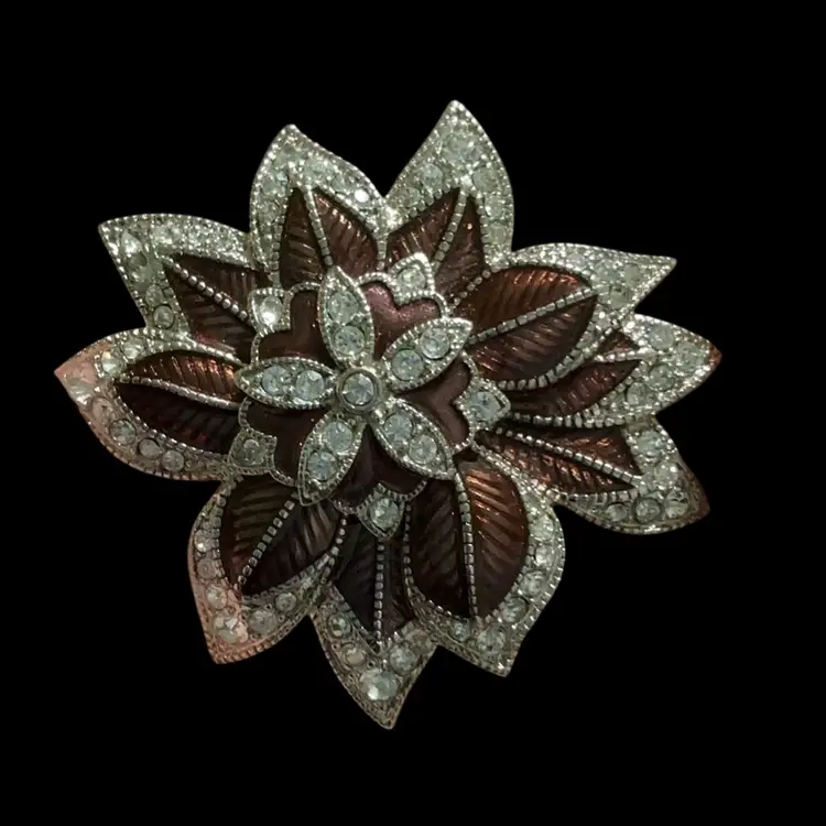 Vintage Silvertone Monet  Poinsettia Brooch. Brown Enamel Leaves And Petals Accented With Clear Glass Crystals. Note Pin Is A Little Loose ~ Marked As Sale Item .