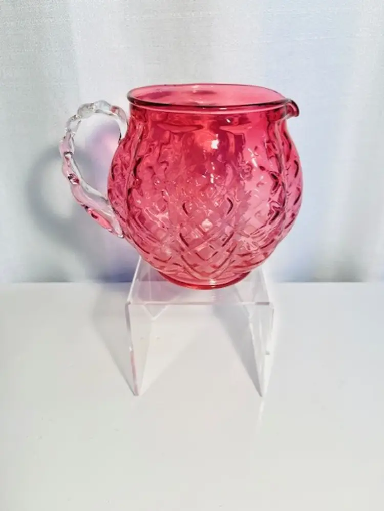 Vintage Fenton Cranberry Glass Quilt Diamond Pattern Pitcher 5 1/2" tall x 4 1/2" wide