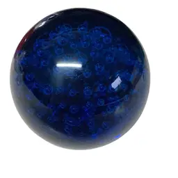 Blue Controlled Bubbles Art Glass Paperweight 4” Diameter Surfaces Scratches