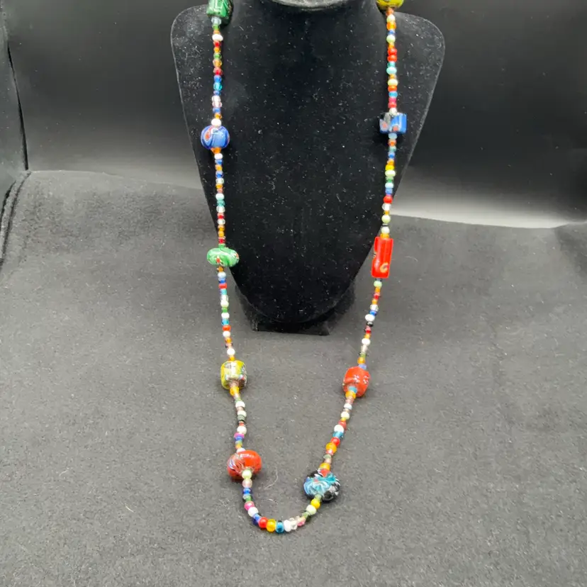 Italian Venetian Millifiore Glass Bead Necklace 32”