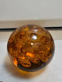 JL Glass HUGE Amber Bubble Paperweight