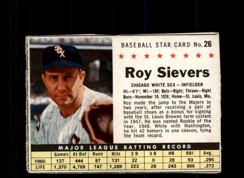 1961 Post Cereal (F278-33) #26 Roy Sievers - (pk3) - Chicago White Sox