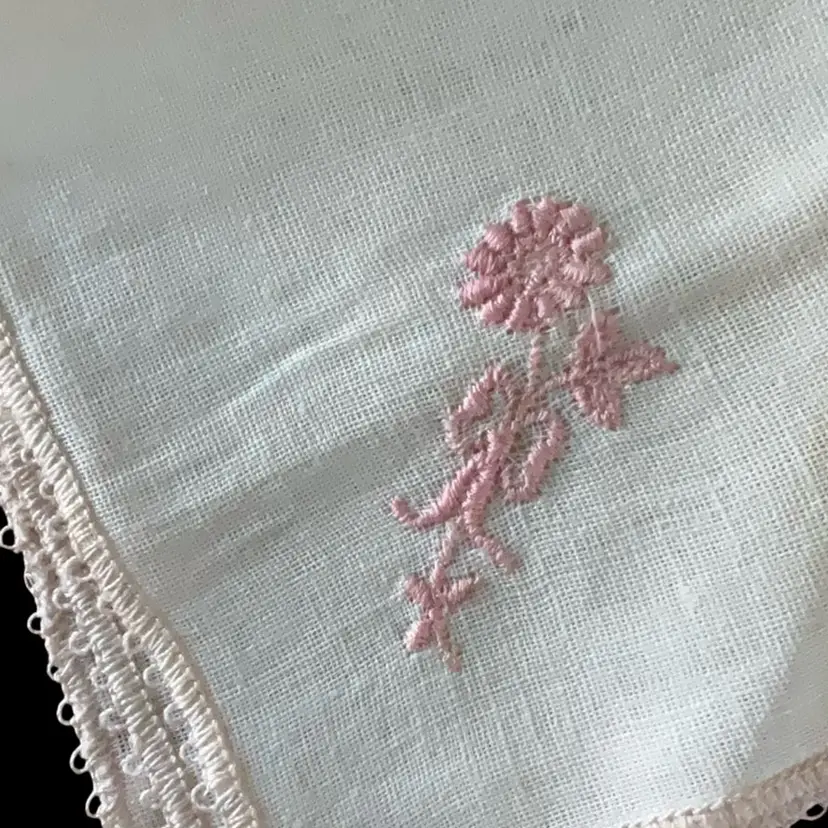 Vintage Pink Floral Embroidered Handkerchief Pink Flower 9.5” X 9” Handkerchief / Doll Blanket