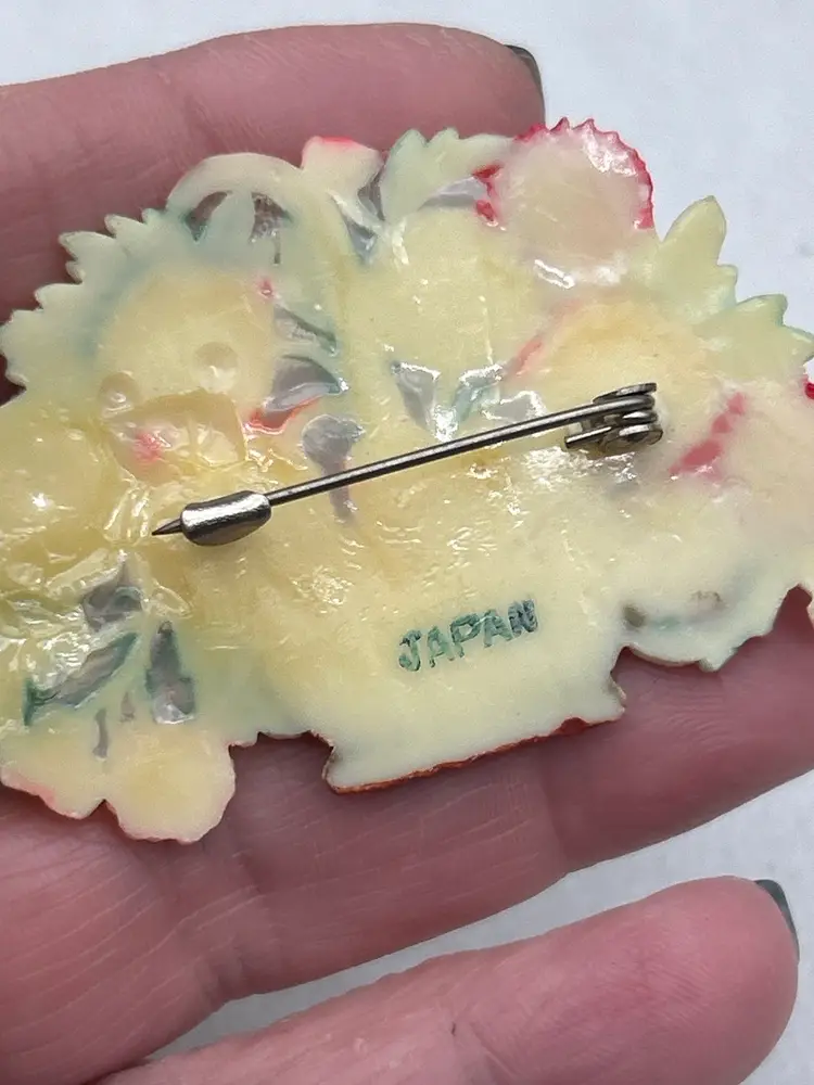 Vintage 1930s Japan Celluloid Floral Basket Brooch – Hand Painted – Pre-War