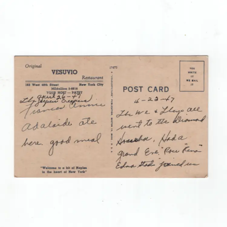 Vintage Postcard 1940s Vesuvio Restaurant New York City Dated Note Back
